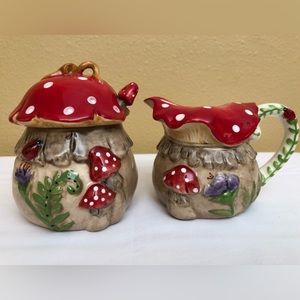 Blue Sky Clayworks Red&White Polka Dot Mushroom Ceramic Creamer & Sugar Bowl Set